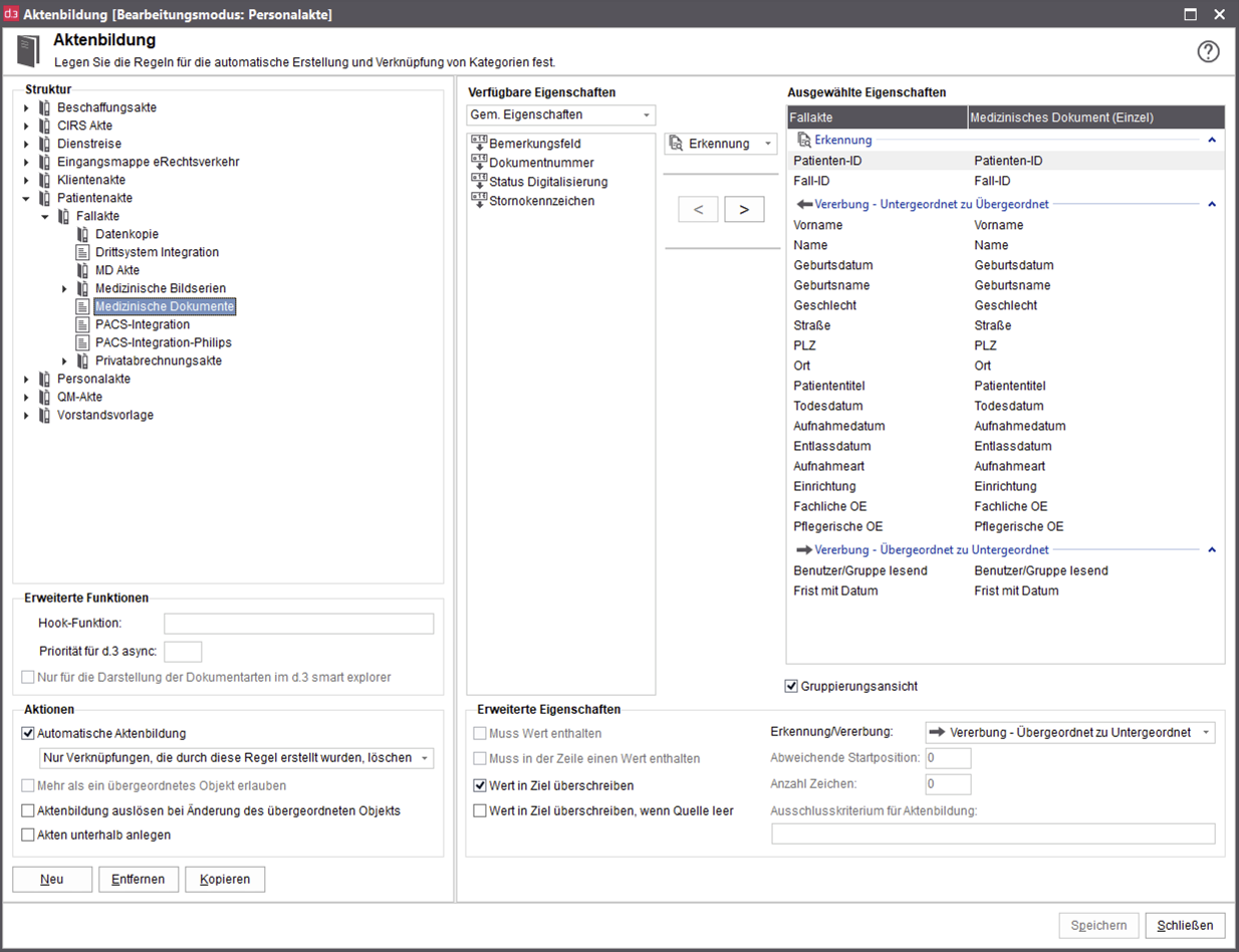 Screenshot aus d.3 smart explorer: Aufbau der Aktenart "Medizinische Dokumente".
