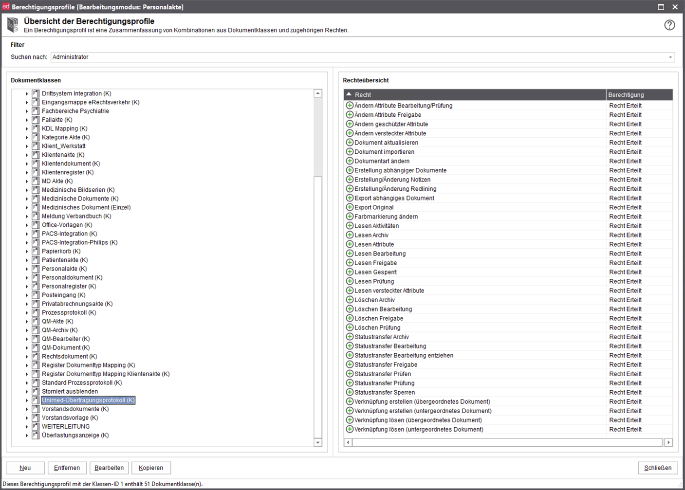 Screenshot aus d.3 smart explorer: Berechtigungen der Aktenart "Unimed-Übertragungsprotokoll".