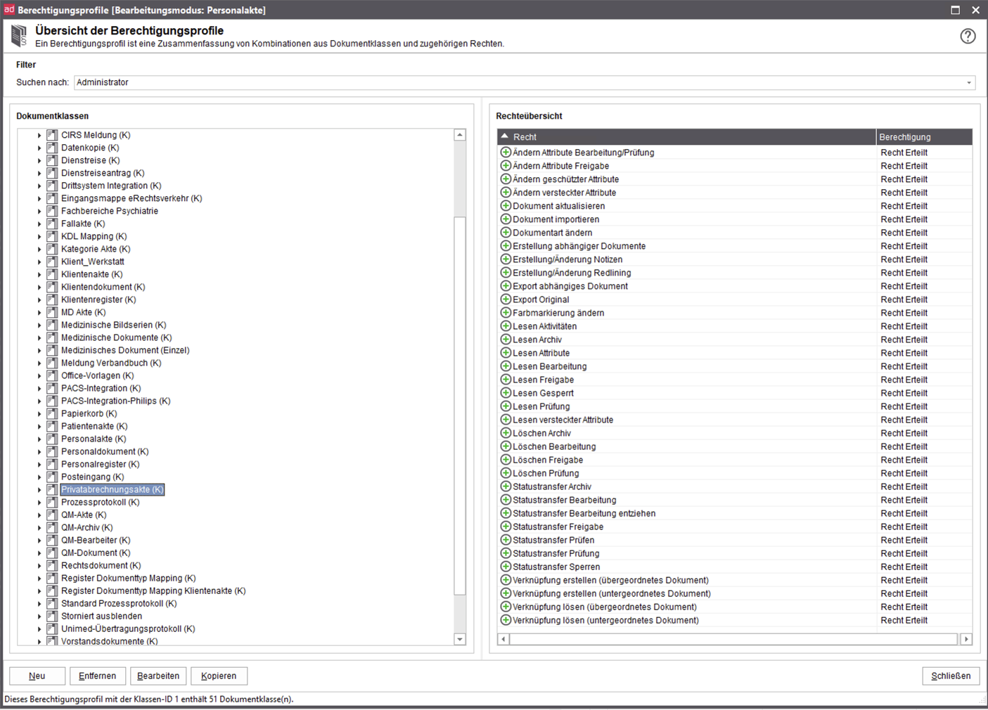 Screenshot aus d.3 smart explorer: Berechtigungen der Aktenart "Privatabrechnungsakte".
