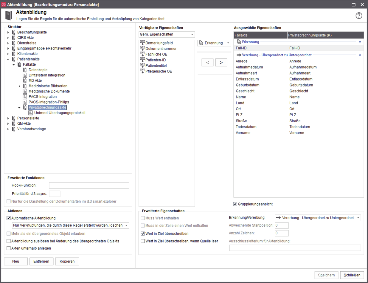 Screenshot aus d.3 smart explorer: Aufbau der Aktenart "Privatabrechnungsakte".