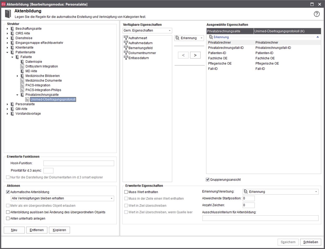 Screenshot aus d.3 smart explorer: Aufbau der Aktenart "Unimed-Übertragungsprotokoll".