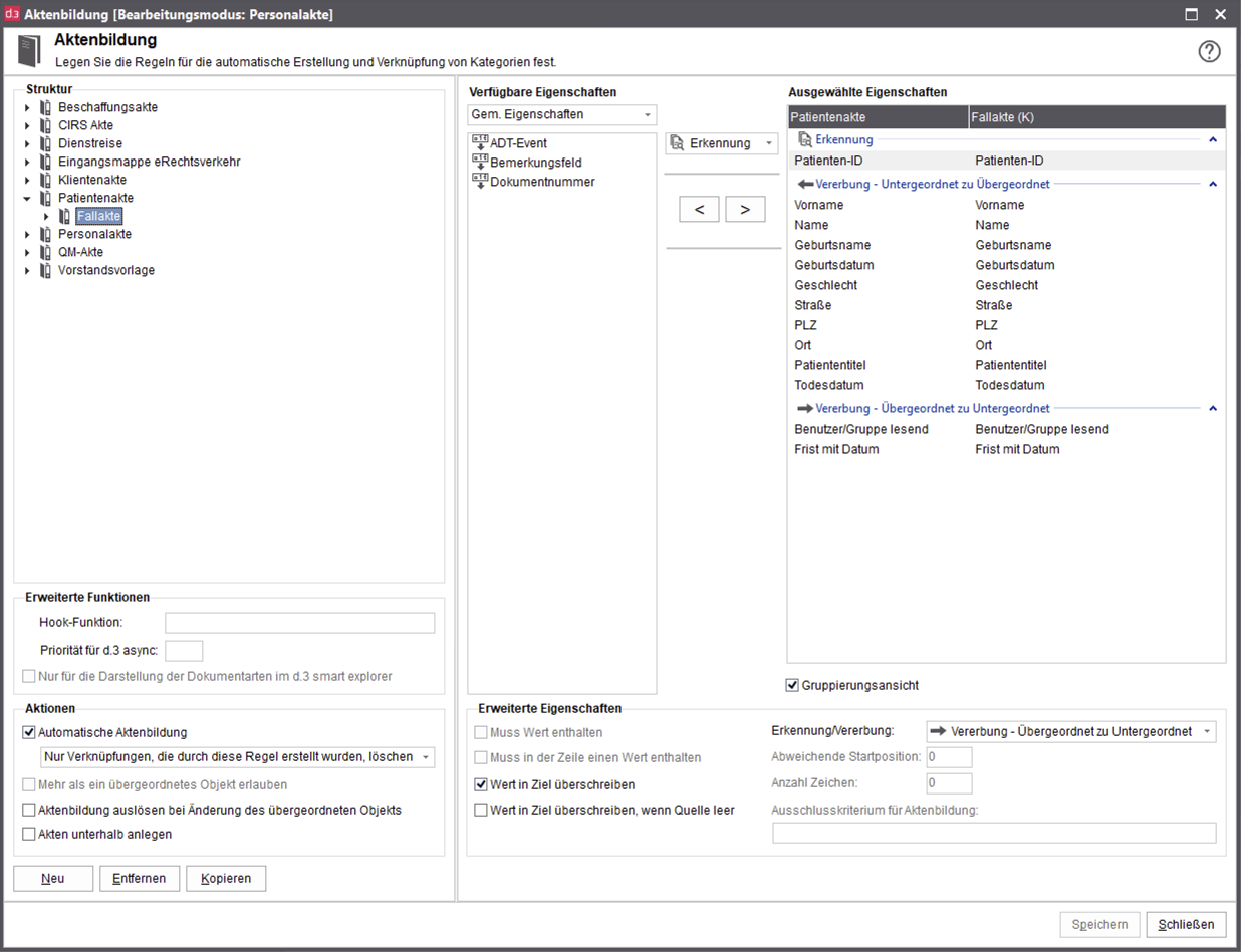 Screenshot aus d.3 smart explorer: Aufbau der Aktenart "Fallakte".